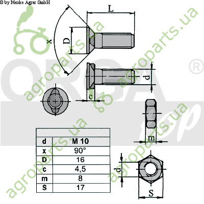 Гвинт з вусиками + гайка M10x35 8,8 2N